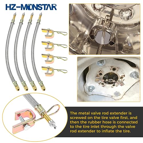 Image of Valve Stem Extenders, 4 Pcs 12 Inch Dual Flexible Stainless Steel Braided Stem Extensions, 6 Pcs 45 90 135 Degree Brass Valve Adaptors for Car Truck Motorhome Trailer RV Trailer Vehicle