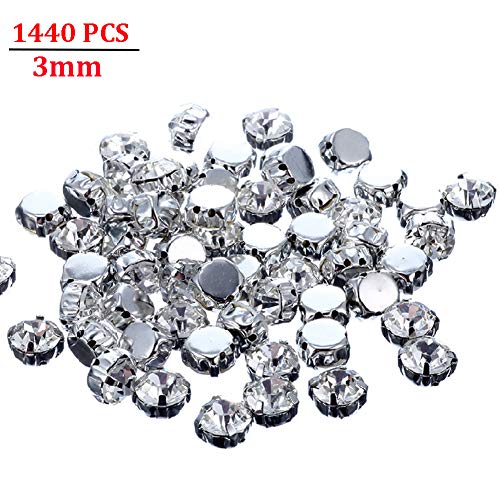 Jyukan 1440 Pcs Sew on Crystals Glass Rhinestones Silver Settings Rhinestone Embellishments for Clothing Wedding Dress,3mm