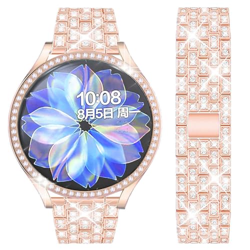 DEALELE Bands Compatible with Samsung Galaxy Watch Active 2 40mm / Active 2 44mm, Shiny Diamond Stainless Steel Metal Strap with Rhinestone Protective Case Cover (Rose Gold)
