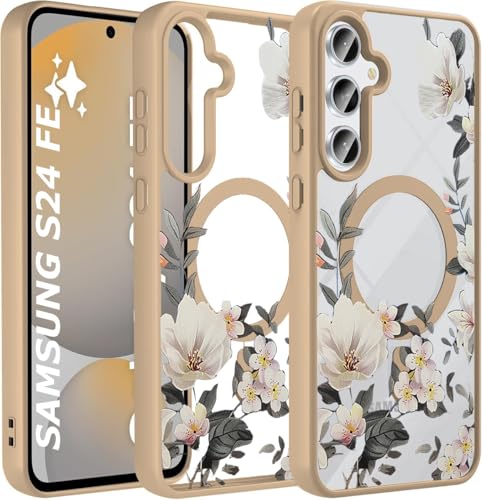 Image of VONZEE Compatible with Samsung S24 FE 5G Case Luxury Retro Flowers Floral Clear for Magnetic Wireless Charging Case Shockproof Case PC+TPU Cute Glossy Shiny Cover for Girls Women|Desert Titanium
