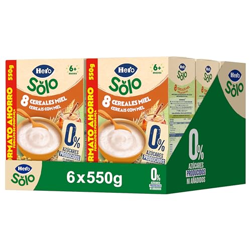 Hero Solo Papilla 8 Cereales con Miel, Rica en Fibra y Vitaminas, Sabor Natural para Bebés, a partir de 6 meses, 6 ud x 550gr