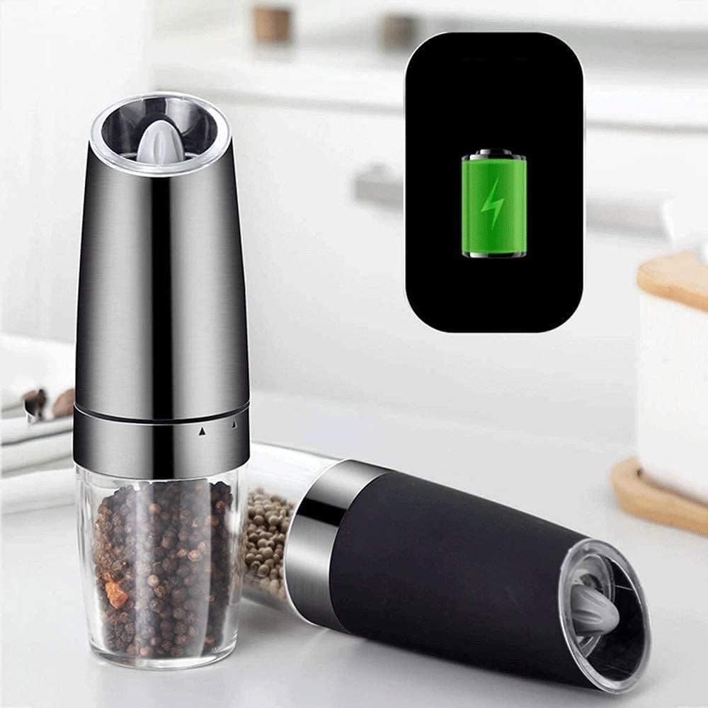 Electric Salt and Pepper Grinder Set Battery Powered Salt Mill Adjustable Coarseness with Blue LED Light One Hand Operated 2 Pack (Color : Silver)