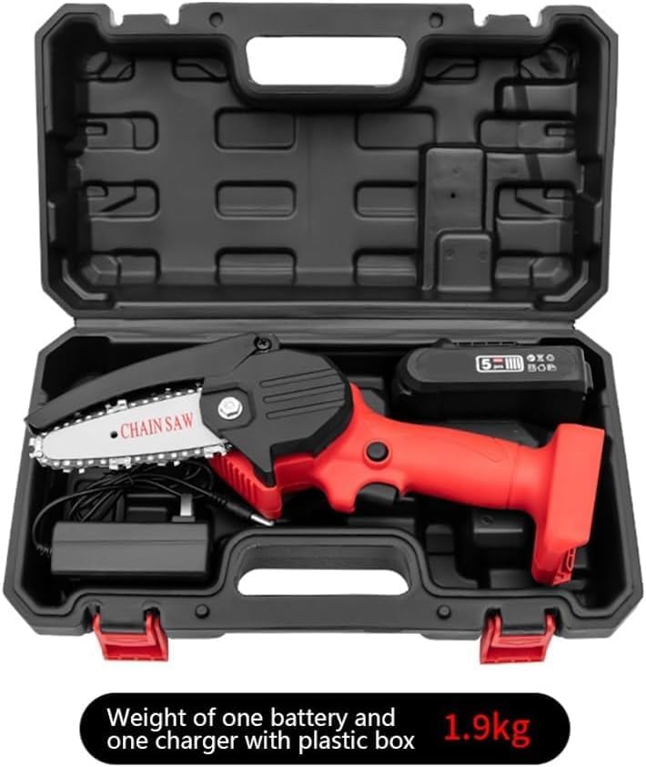 Wood Ranger Mini Chainsaw in its carrying case with battery and charger