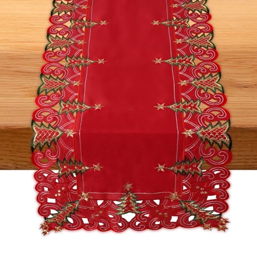 SHANGRLA Christmas Table Runner 90 Inches Long – Red Lace Tablerunner with Embroidered Xmas Tree, Gold Stars & Cutwork Design – Holiday Table Decor for Dining Room, Coffee Table Centerpiece