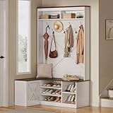 YITAHOME L-Shaped Hall Tree with Bench & Storage, Corner Entryway Organizer with 5 Shoe Shelves, Hidden Seat Compartment, Hooks & Open Top Storage for Living Room & Hallway, Walnut & Off-White