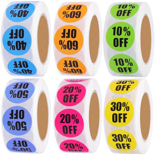 Cptoion 3000 PCS Multicolor Percent Off Discount Stickers, 10 to, 0.87 Inch, 6 Rolls