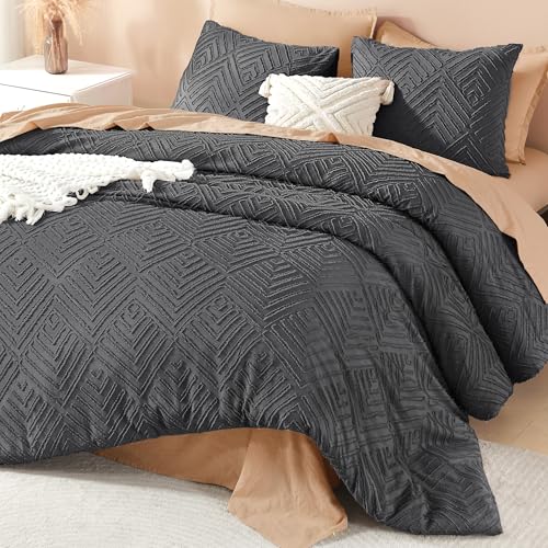 Image of Litanika Super King Comforter Dark Grey, 3 Pieces Tufted Boho Farmhouse Bedding Comforter Set, Lightweight Fluffy All Season Comforter Set (120x120In Comforter & 2 Pillowcases)