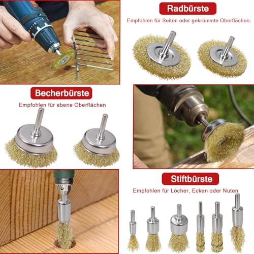 SBGGRL 11 Stück Drahtbürste für Bohrmaschine, Topfbürsten & Scheibenbürste & Pinselbürste & Rohrbürste, mit 6mm Drahtbürsten Set für Bohrmaschine Polier Schleifen Entrosten Entgraten Farbe