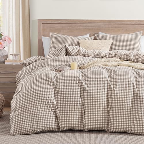 Image of Andency Tan Gingham Duvet Cover Full, 100% Wash Cotton Linen Like Textured Breathable Comforter Cover Set, 3 Piece Brown Classic Yarn-Dyed Checkered Plaid Bedding Set, 79 inch*90 inch