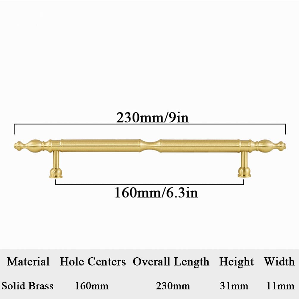 Maniglie per armadi in ottone Oro, Confezione da 2 maniglie for armadietti a forma di T in ottone massiccio con foro centrale dorato 96-224 mm(Hole Centers: 160mm/6.3in)