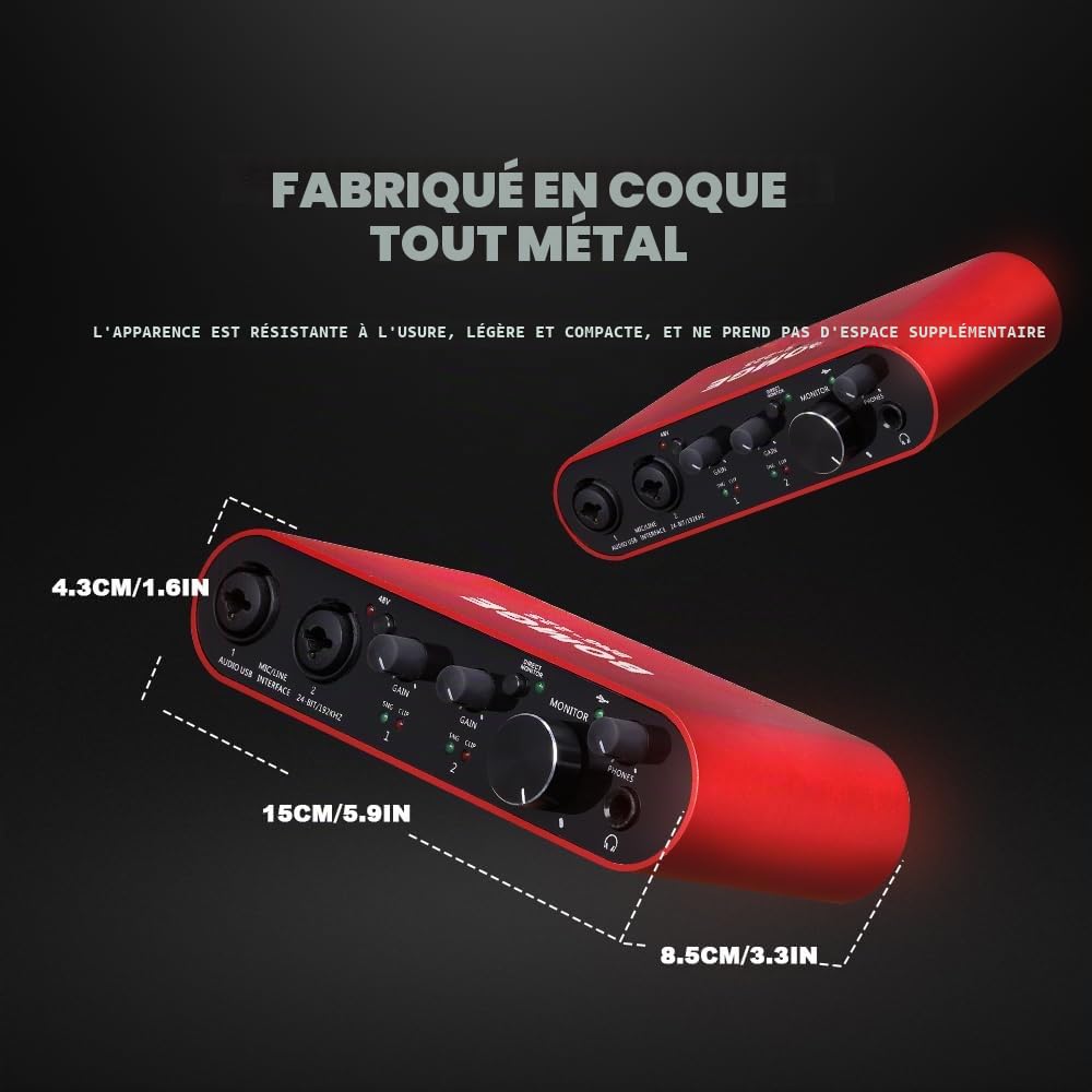BOMGE Interface audio USB 22S Red avec alimentation fantôme XLR/48 V, haute fidélité, 32 bits/192 kHz, pour mixeur audio de studio, pour guitariste, vocalist, podcaster, producteur, Plug and Play