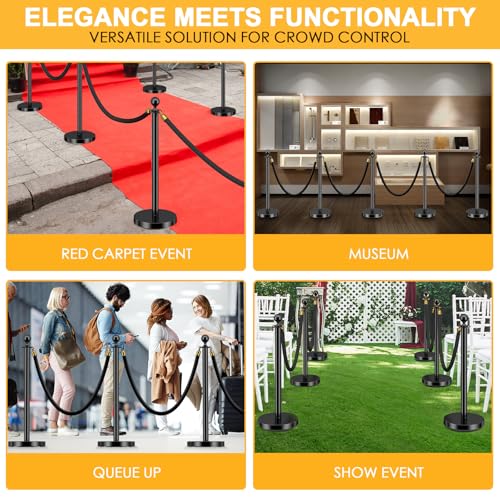 Image of LOVMOR Stainless Steel Stanchion Post, 5 FT Black Carpet Ropes, Stanchion Post with Ball Top, Hollow Base and Velvet Ropes Safety Barriers Set for Party