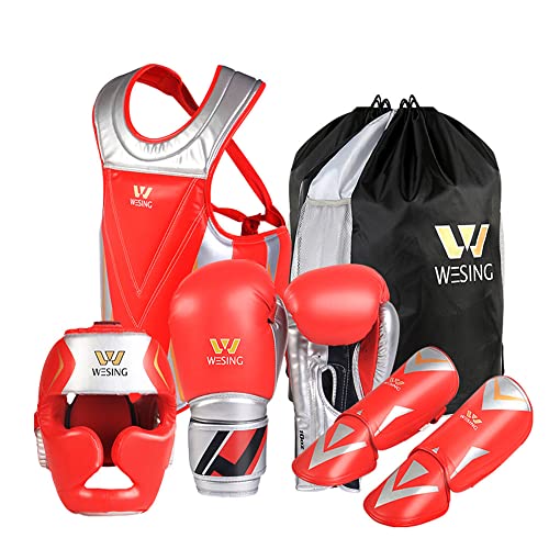Wesing Boxing Protective Gear for Men Women Set Sanda Kickboxing Gear MMA Muay Thai Boxing Equipment 5pcs Set (S, Red)