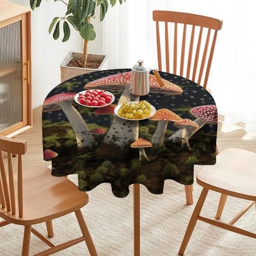 Nappe ronde motif champignon 178cm lavable pour table de cuisine