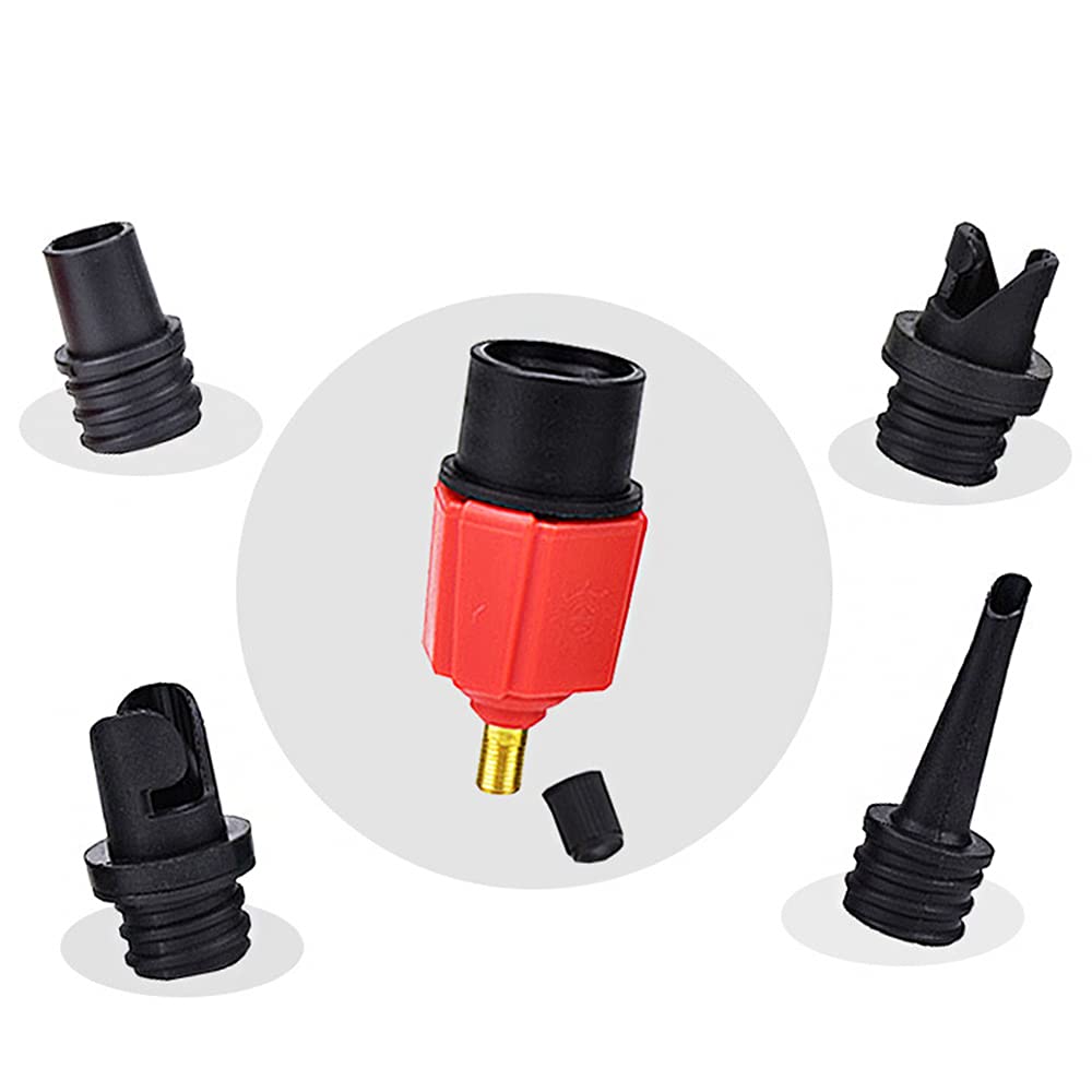 Sprężarka do dmuchanego zaworu pompy, nadmuchiwany adapter zaworu z 4 dyszami do nadmuchiwanego materaca, pierścienia do pływania/basenu, dmuchanego łóżka/sofy, łodzi, kajak - czerwony
