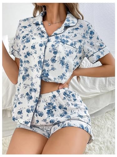 Image of SHENHE Women's 2 Piece Pajama Set Bow Graphic Button Down Short Sleeve Lapel Shirt Pj Short Set