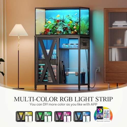 Image of YITAHOME Fish Tank Stand with Power Outlets & LED Light, 20-29 Gallon Metal Aquarium Stand with Cabinet for Fish Tank Accessories Storage for Turtle Tank, Reptile Terrarium, 350LBS Capacity, Grey