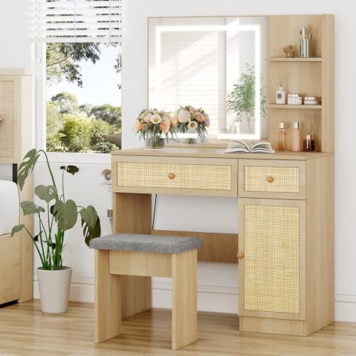 Brafab Rattan Vanity Set with LED Lights and Storage