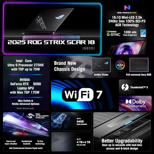 ROG Strix Scar 18 G835 Intel Ultra 9 275HX NVIDIA RTX 5090 Best Gaming Laptop, 18" ROG Nebula HDR 2.5K 240Hz/3ms, 64GB DDR5 RAM, 2TB SSD, Wi-Fi 7, W11P, Bundle con raffreddamento PCO Laptop - Notebook - Immagine 4