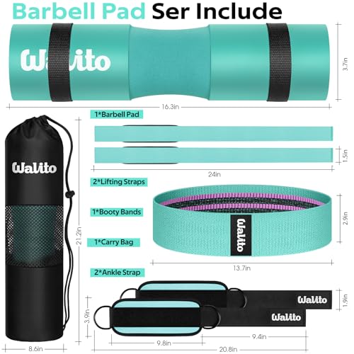 Image of WALITO 8Pcs Barbell Pad Set for Hip Thrust - Squat Pad,Gym Accessories for Women with Bar Bad,Bench Press, with Gym Ankle Straps,Resistance Bands for Working Out,Lifting Strap,Carry Bag