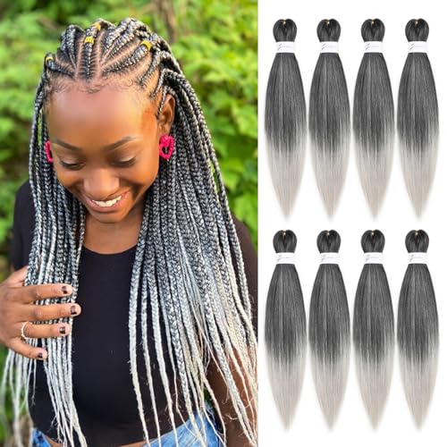 Ombre Grey Braiding Hair Pre Stretched 16 Inch 8 Packs Professional Synthetic Braiding Hair for Box Braids/Twists/Crochet Braids No Itch Hot Water Setting Soft Yaki Texture (1B/Gray)