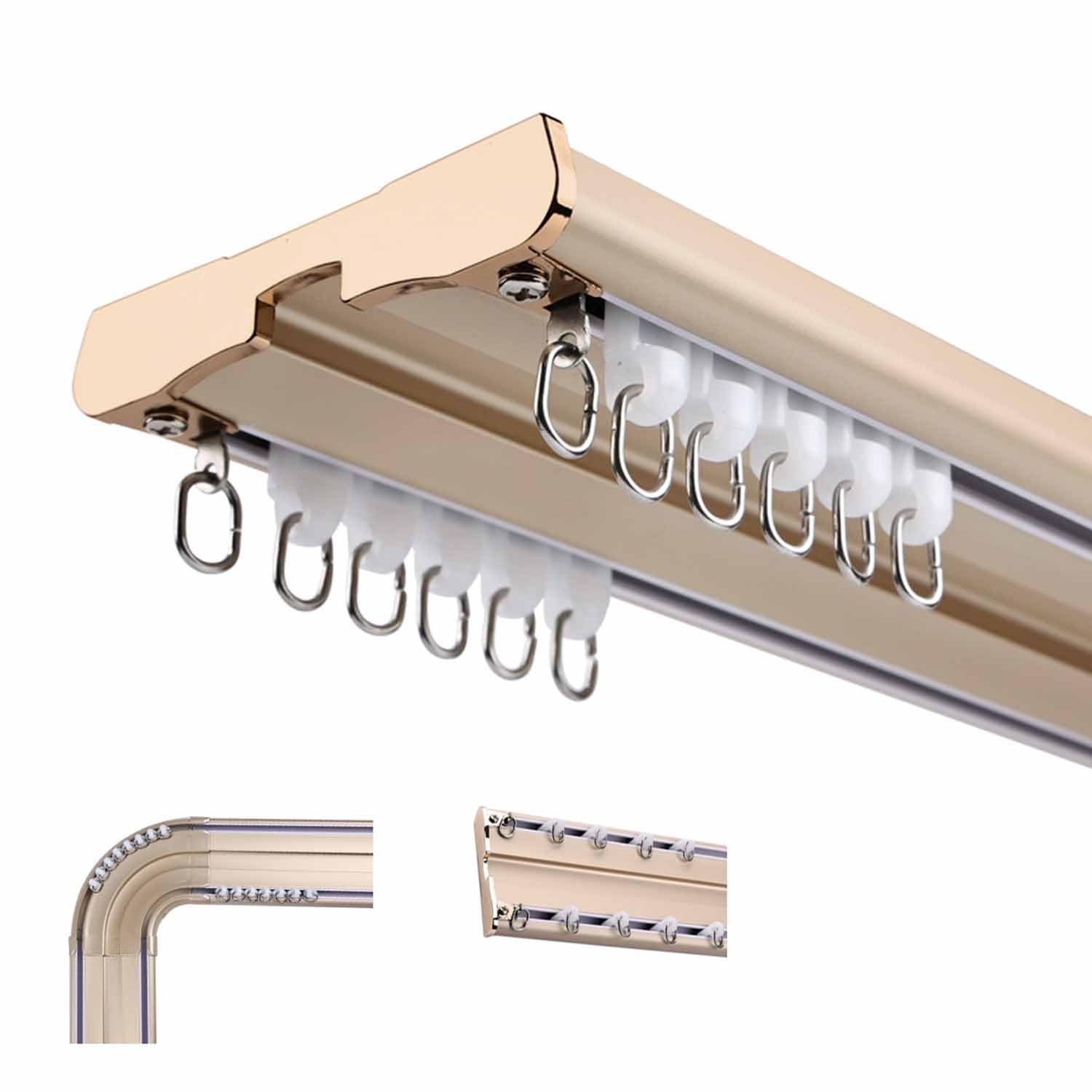 Bedroom Double Curtain Track System Heavy Duty Conjoined Curtain Rail Ceiling Mount Streamline Aluminium Curtain Rod Set For Office Home Room Divider(Gold,144in)