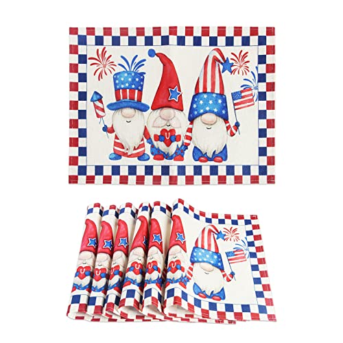 4Th Of July Placemats Set Of 6, Patriotic American Gnomes Usa Flag Placemat, Non-Slip Cotton-Linen Place Mats Heat Resistant Table Mats For Independence Day Home Kitchen Table Party Decor #TOP4
