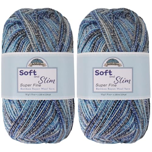 JubileeYarn Soft and Slim Yarn - 50g/Skein Bamboo Rayon Wool Blend - Blueberry Splash - 2 Skeins