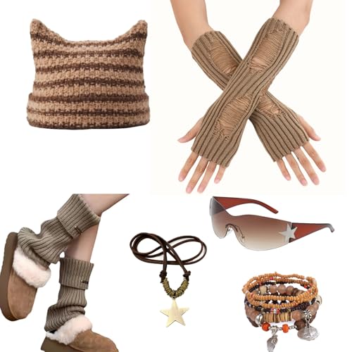 6 PCS Khaki Therian Stuff Y2K Gear Grunge Clothes Set, Layered Star Choker Necklace,Fingerless Gloves,Knitted Headband Hat,Bracelet,Leg Warmers,Sunglasses Party Jewelry Gift for Women
