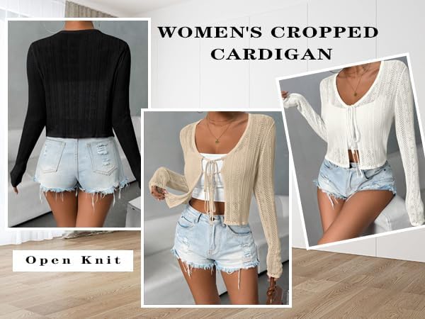 Tie Front Tops for Women Sheer Knit Cardigan Openwork Bolero Shrug Cover Up Sweater with Floral Details, S-XXL - Image 6