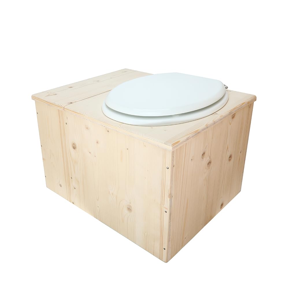 Toilette sèche avec bac à copeaux de bois intégré, Livré monté avec abattant blanc, seau inox et bavette de protection inox - Fabrication artisanale Française - N17
