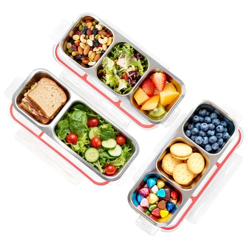 TagHann 3-Pack Christmas Special Edition Red Stainless Steel Bento Box - 2+3+3 Compartment Leak-Proof Snack Containers for Kids & Adults, Reusable Lunch Box for Lunchables, Snack Packs (2/3/3 Red)