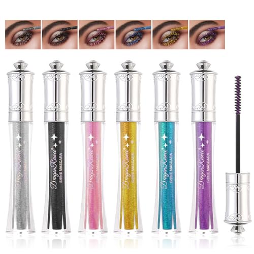 Domality Juego de 6 rímel de colores brillantes, negro, plateado, dorado, rosa, azul, morado, diamante brillante, para pestañas, alargadora y voluminosa, maquillaje de ojos brillante