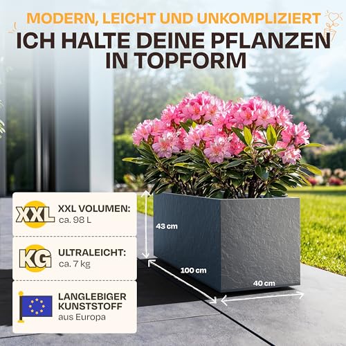 Ondis24 Vulkan Pflanzkübel groß außen Kunststoff 100cm Schiefer Optik Blumentopf mit Wasserspeicher Winterfest anthrazit