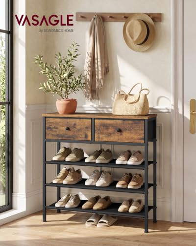 Image of VASAGLE Shoe Rack, 4 Tier Shoe Storage Rack with 2 Fabric Drawers, Shoe Organizer for Entryway, with 3 Fabric Shelves and Wooden Top, Steel Frame, Modern Basic, Rustic Brown ULBS235KD01