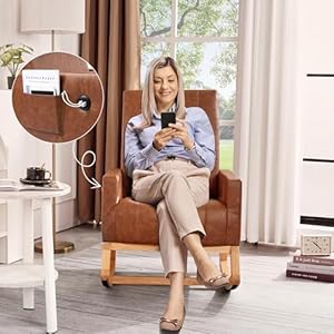 VECELO Leather Rocking Chair Nursery Glider Accent Rocker Modern Upholstered High Back USB Port and Side Pocket Armchair, Wood Legs for Living Room Bedroom, Brown VECELO Leather Rocking Chair Nursery Glider Accent Rocker Modern Upholstered High Back USB Port and Side Pocket Armchair Wood Legs for Living Room Bedroom Brown