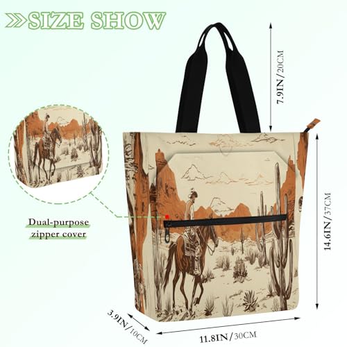 Desert Cowboy Book Tote Bag,Large Capacity Handbag with Zipper Perfect for School,Travel,Shopping2
