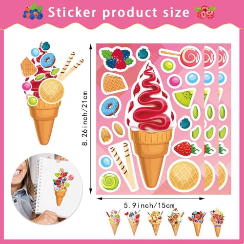 Image of Ice Cream Stickers, Make Your Own Sticker, Make a Face Stickers | 24 Sheets Summer Sticker for Kids Toddlers, Ice Cream Party Favor Supplies Craft