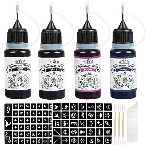 4 Bottles Temporary Tattoo Ink with 92pcs Tattoo Stencils, Waterproof Temporary Tattoo Kit for Men and Women, Semi Permanent Tattoo