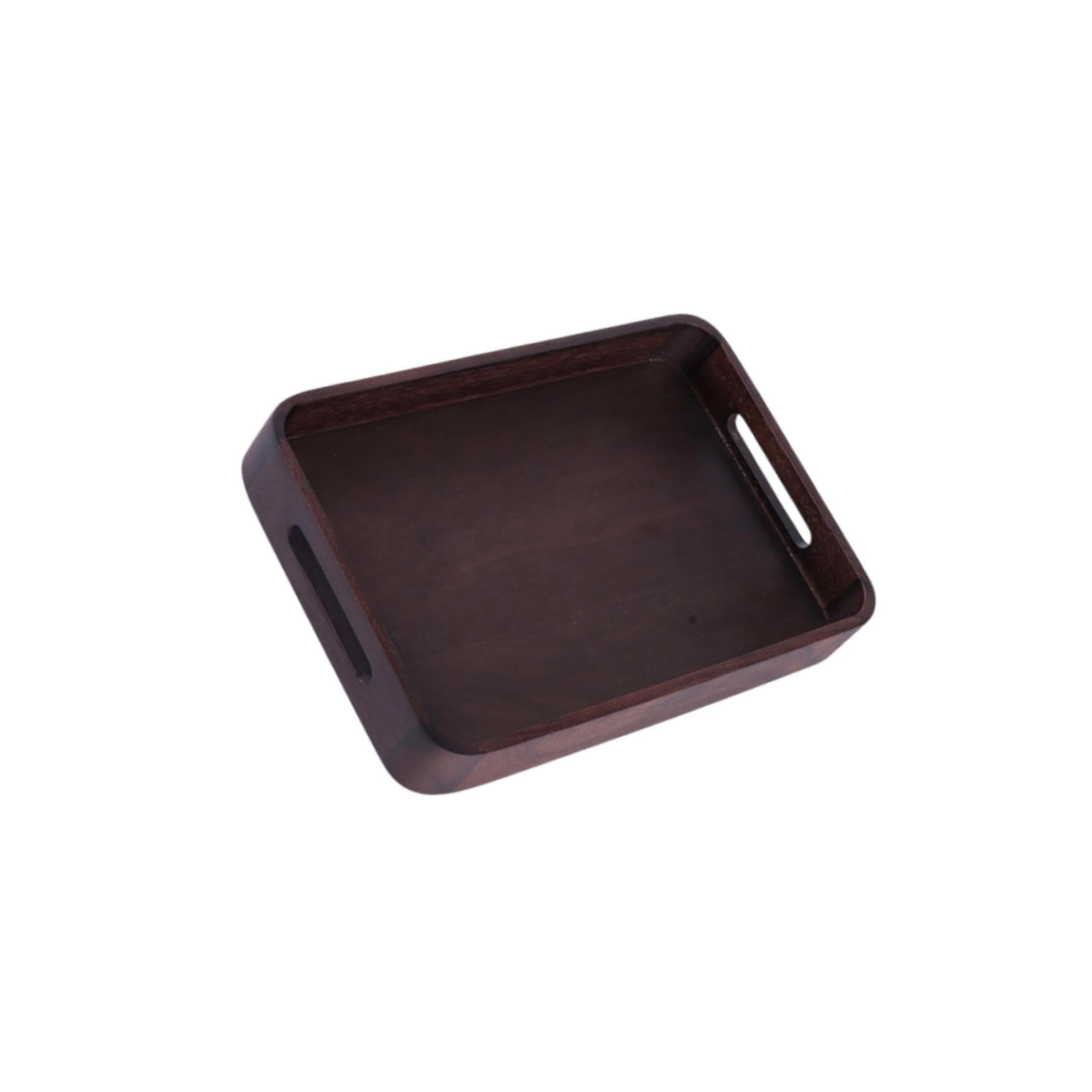 Elegante bandeja de Para madera de nogal con asas recortadas. Bandejas decorativas. Bandeja rústica rectangular para accesorios de de centro, Marrón oscuro, S