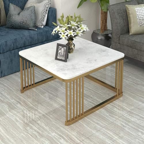 Image of Two-Piece Marble Look Coffee Table Set, top end Side Table, Metal Frame Cocktail Table, Nesting Tea Table, and Home Furniture Size for Living Rooms (Gold & White)