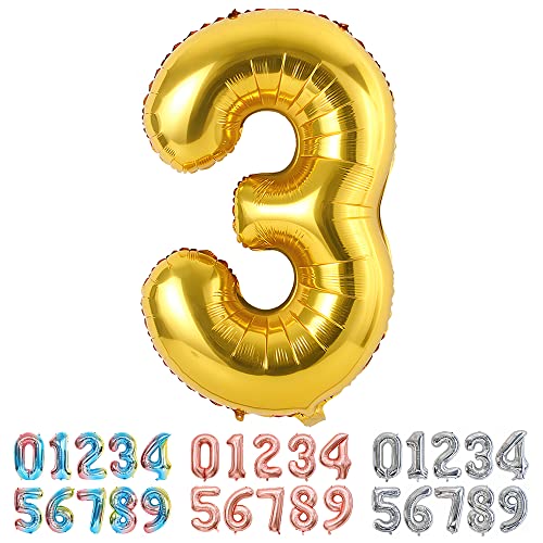 Ponmoo Foil Ballon Chiffre 3 Or, Grands Doré Numéro 0 1 2 3 4 5 7 8 10-19 20-29 30-39 40 50 60 70 80 90 100, Décoration de Ballons Géants pour Mariages...