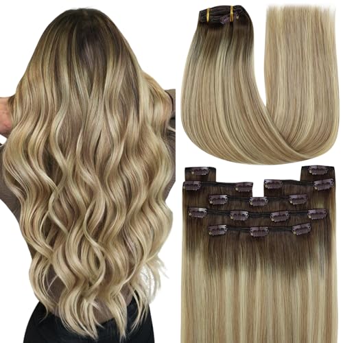 YoungSee Balayage Hair Extensions Clip ins Soft Remy Hair Clip in Human Hair Extensions Easy to Wear Clip in Extensions Real Human Hair Walnut Brown Ombre Light Brown with Blonde 20 Inch 120G 7Pcs