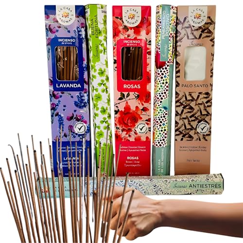 120 Inciensos Naturales para Aromaterapia – Pack 6 Fragancias: Lavanda, Rosas, Palo Santo, Antiestrés, Buena Fortuna, Pensamiento Positivo – Bienestar y Energía Positiva   Bolsa Antihumedad