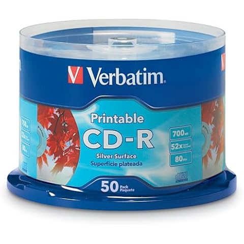 Verbatim CD-R Blank Discs 700MB 80 Minutes 52X Silver Inkjet Printable Surface - 50pk Spindle Cover
