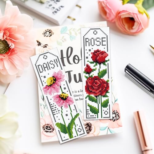 Image of ACRNIGHEET 6PCS Cross Stitch Bookmark Kits for Beginner Flower Crossstitch Kits Adult Rose Daisy Lily Stamped Embroidery Bookmarks with Accessories for Adults Craft Gift 11CT