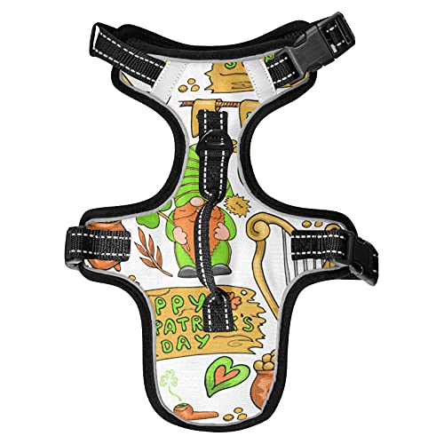 St Patrick's Day Shamrock Clover Green Gnomes, Coins Letters on White No Pull Vest Harness, Padded Reflective Adjustable Harnesses for Small to Large Dogs Cats with Leash Clips Easy Control Handle M