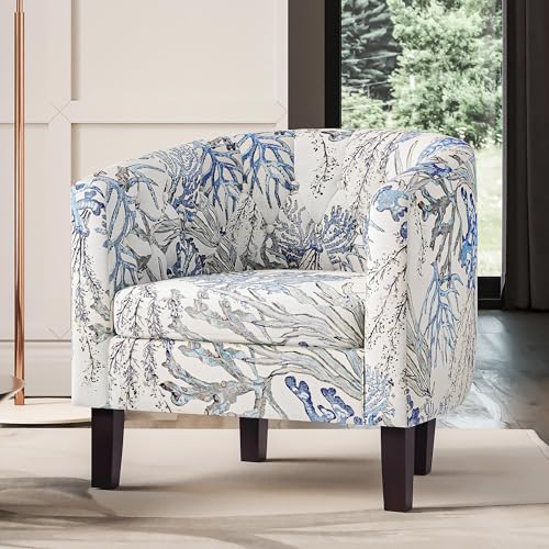 Image of BELLEZE Accent Barrel Arm Chair, Set of 2 Modern Comfy Upholstered Tufted Club Chair with Sturdy Legs and Linen Fabric for Bedroom Living Room - Blue Coral