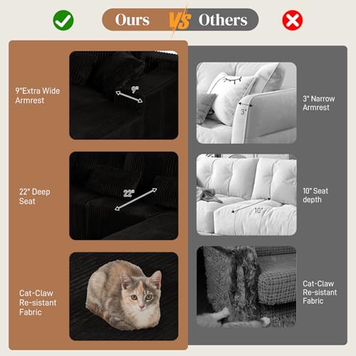 Image of 110 inch L Shaped Cloud Boneless Sectional Couches for Living Room, Modern Comfy Modular Deep Seat Memory Foam Compressed Corduroy Sofa Oversized Right Facing Chaise, No Assembly Required, Balck