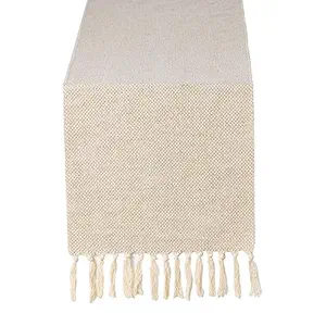 Chassic 13 x 90 inch Farmhouse Style Cotton Linen Table Runner with Handmade Fringed, Fall Rustic Jute Burlap Table Runners 90 Inches Long for Dining Room, Dresser Decor - Waffle